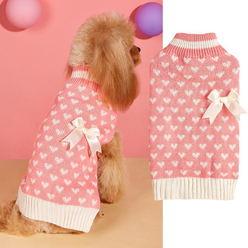 New Valentine's Day Knit High-Elasticity Round Neck Pink Red Lover Bow Heart Pattern French Bulldog Bichon Dog Sweater