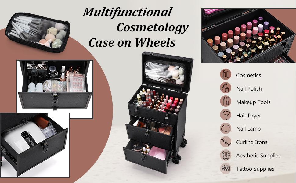 Joligrace Rolling Makeup Train Case Professional Cosmetic Trolley Nail Polish Organizer with 2 Large Drawers, Makeup Pouch for Artists Nail Technician Salon Cart Trunk Black