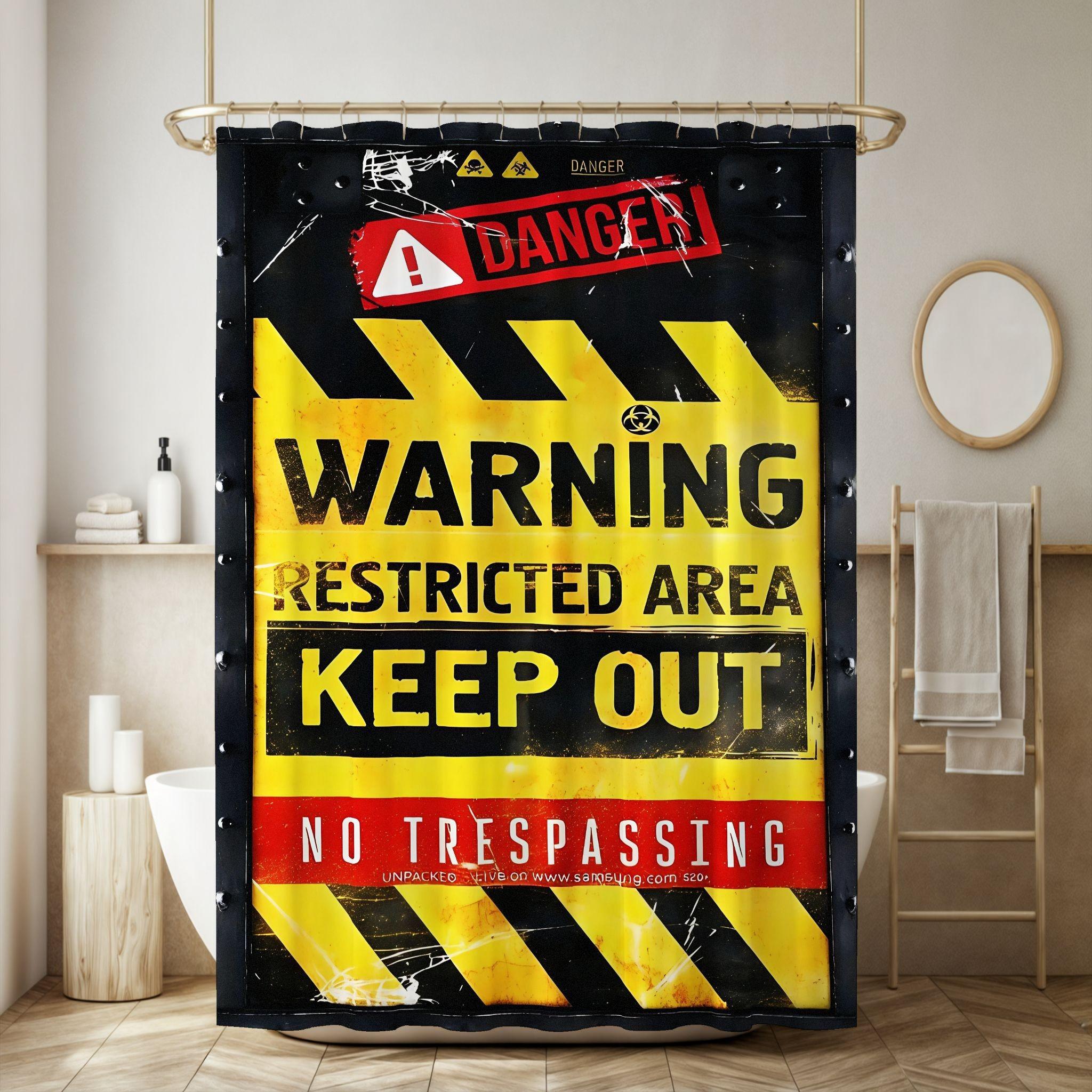 Industrial Caution Shower Curtain, Danger Banner, Biohazard Symbol, Warning Text, & Stripes, Halloween Decor, Safety Theme
