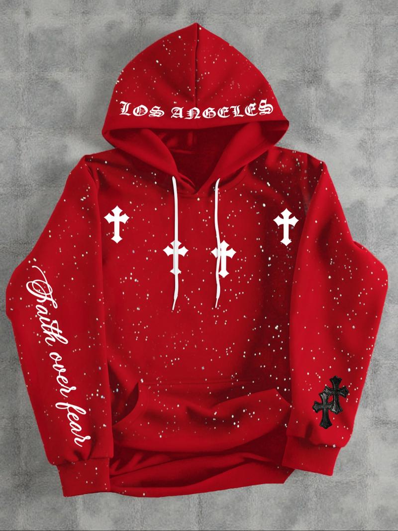 Men's Fleece Hoodie Sweatshirt, Gothic Cross Element, Star Dye Craft, Kangaroo Pocket, Casual Loose Fit Drawstring Pullover, Fall & Winter Men's Fleece Hoodie Sweatshirt, Gothic Cross Element, Star Dye Craft, Kangaroo Pocket, Casual Loose Fit Drawstring Pullover, Fall & Winter