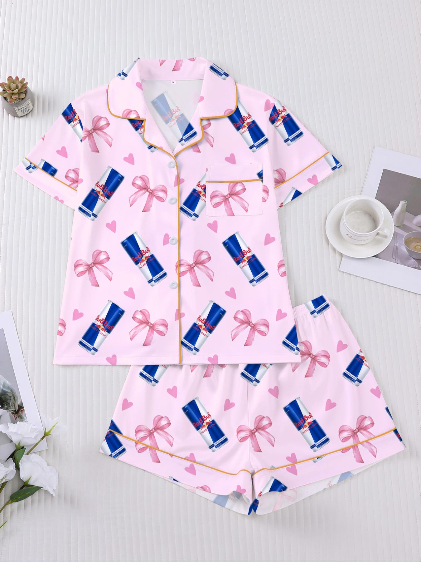 Women's Heart & Bow Print Sleepwear Set, Short Sleeve Button-Up Top & Elastic-Waist Shorts, Casual Loungewear for Home and Pajama Parties