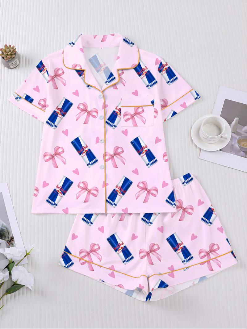 Women's Heart & Bow Print Sleepwear Set, Short Sleeve Button-Up Top & Elastic-Waist Shorts, Casual Loungewear for Home and Pajama Parties