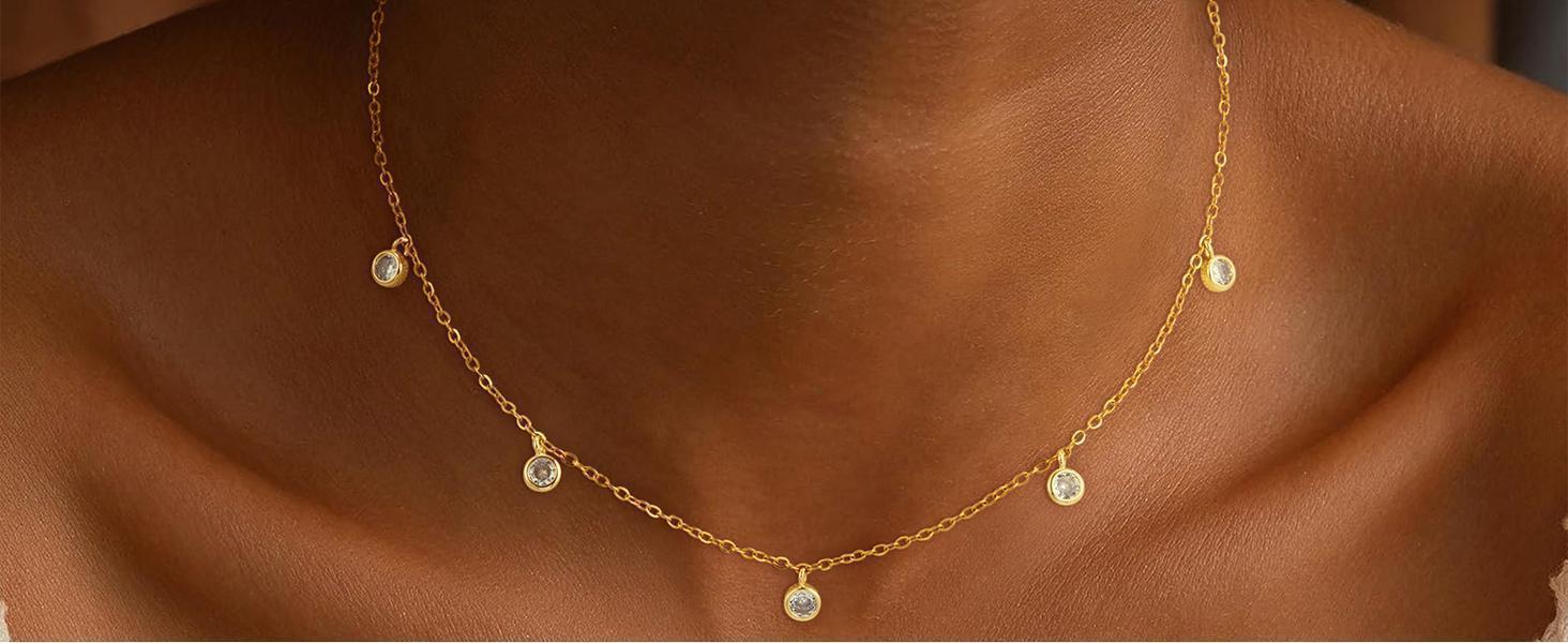 Dainty Gold Necklace for Women Non Tarnish Layered 14k Diamond Pendant Charm Gold Plated Necklaces CZ Trendy Zirconia Chain Choker Necklace Stack Gold Jewelry for Women Birthday Gift