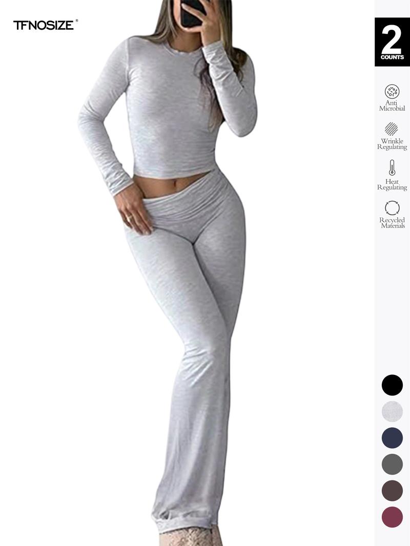 Women's 2 Piece Casual Pajama Set, Slim Fit Long Sleeve Top & Low Rise Bell Bottoms, Versatile Yoga Loungewear for All Seasons,Airport Outfit