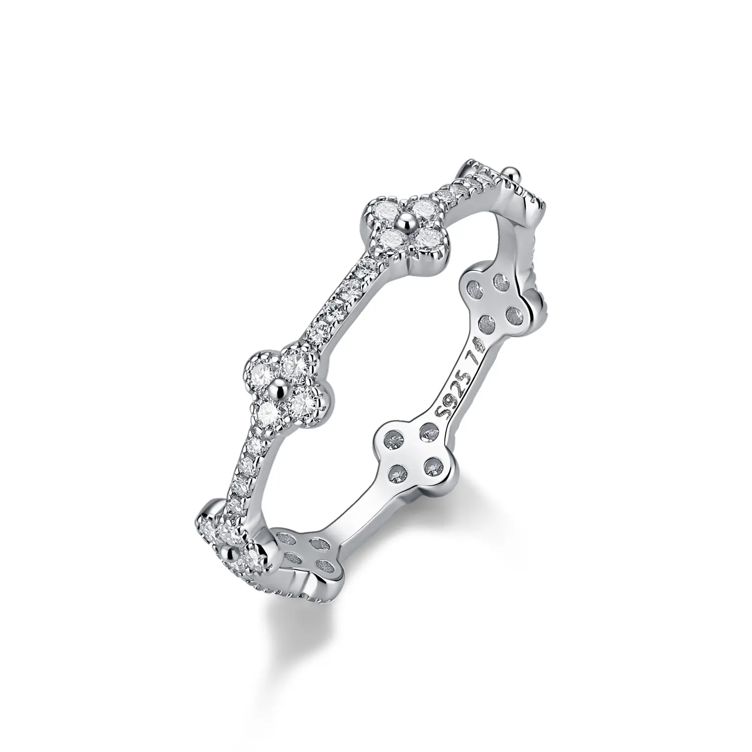 Loveden S925 Sterling Silver 4-Leaf Clover Ring, Fully Inlaid with Moissanite, Stackable Closed Fashion Ring