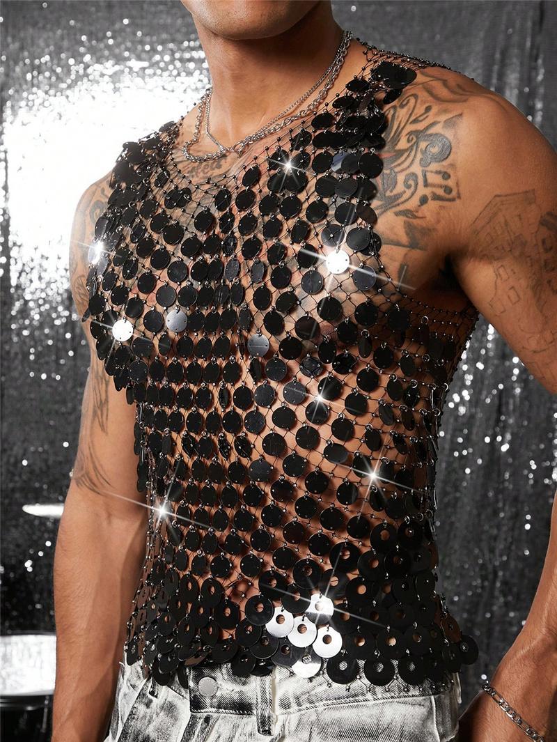 Mens Sparkly Mesh Tank Top Rhinestone See Through Clubwear Sexy Hollow Out Party Outfit Festival Stage Fashion Statement