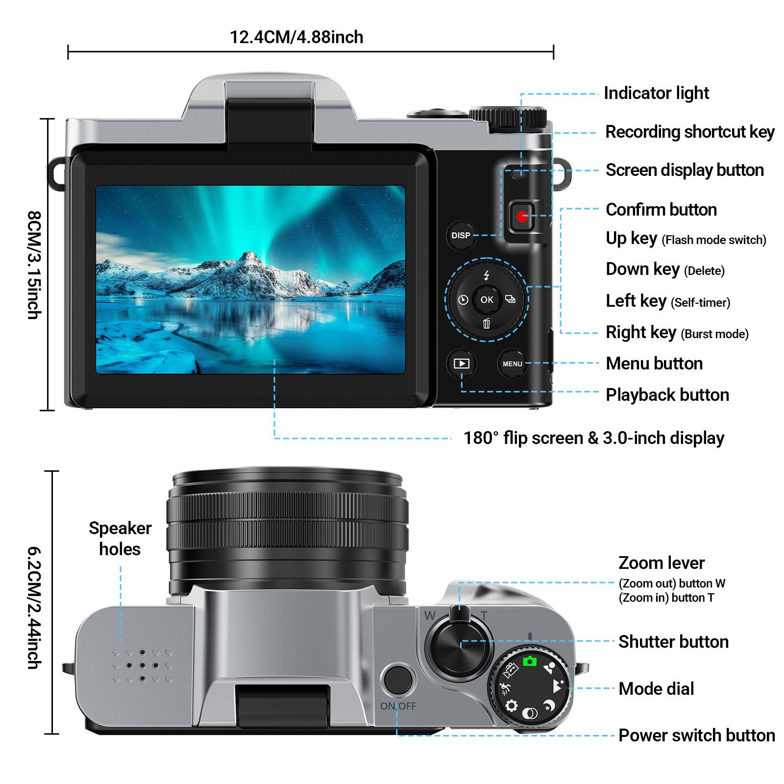 4K Photography Digital Camera, 64mp Auto Focus, 180° Screen Flip, 16x Digital Zoom, Flash, 32GB Memory Card, Travel Life Recording