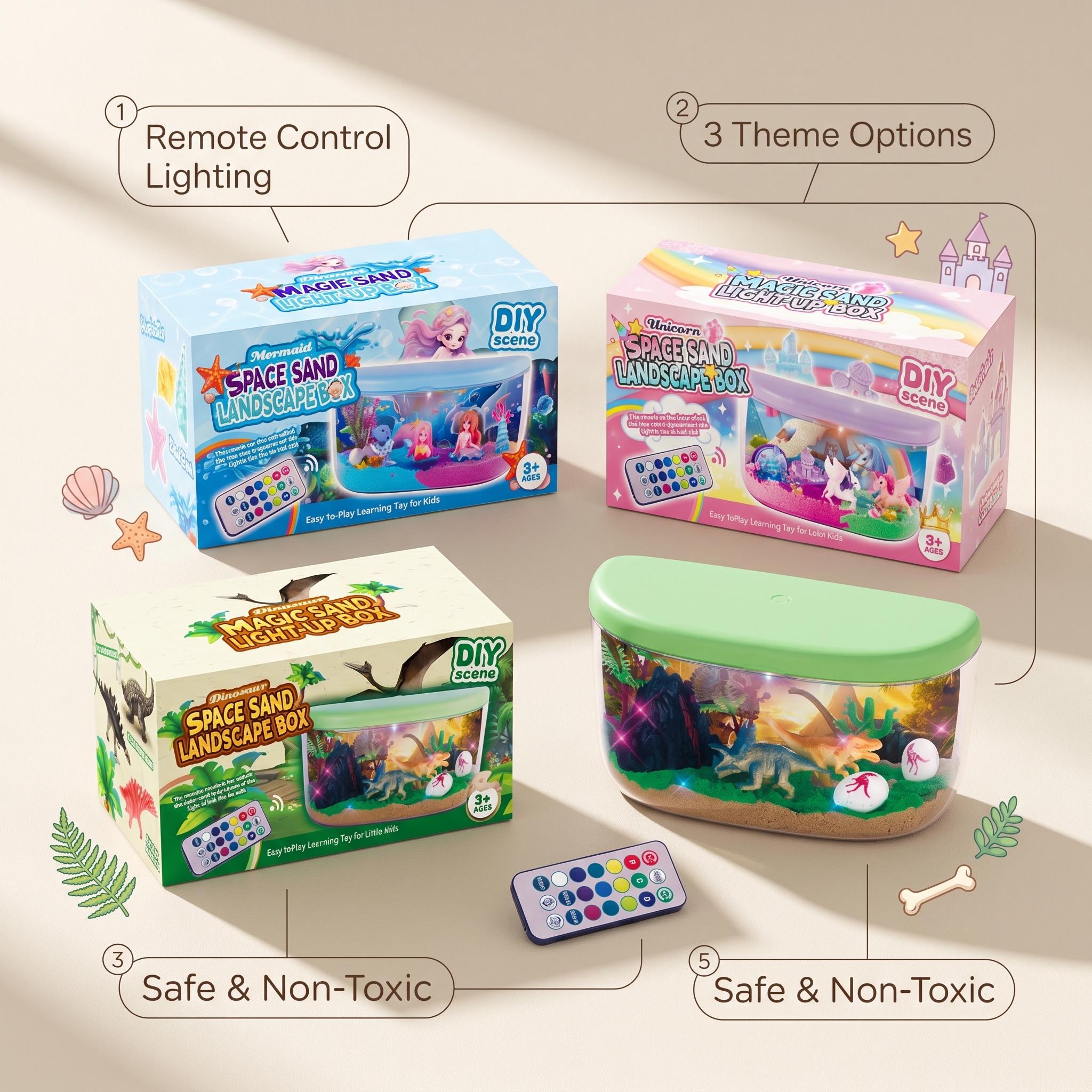 Landscaping DIY Sand Light-Up Scene Kit,Remote LED Night Light,No-Mess Safe Sand,Educational Creative Craft,Mermaid Unicorn Dinosaur Scene,Birthday Christmas Toy Gift For Girls Boys,Sand Tray