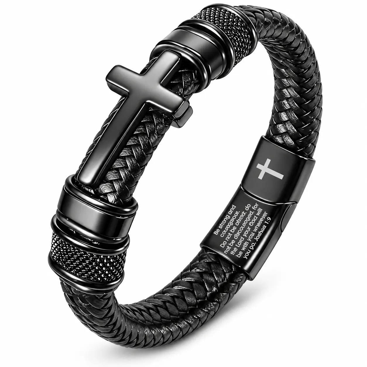 Men’s Christian Cross Bracelet, 8.3 Inch Black Braided Leather Bracelet with Stainless Steel Cross and Joshua 1:9 Bible Verse, Religious Faith Bracelet for Men, Fits 7.0–7.7 Inch Wrists