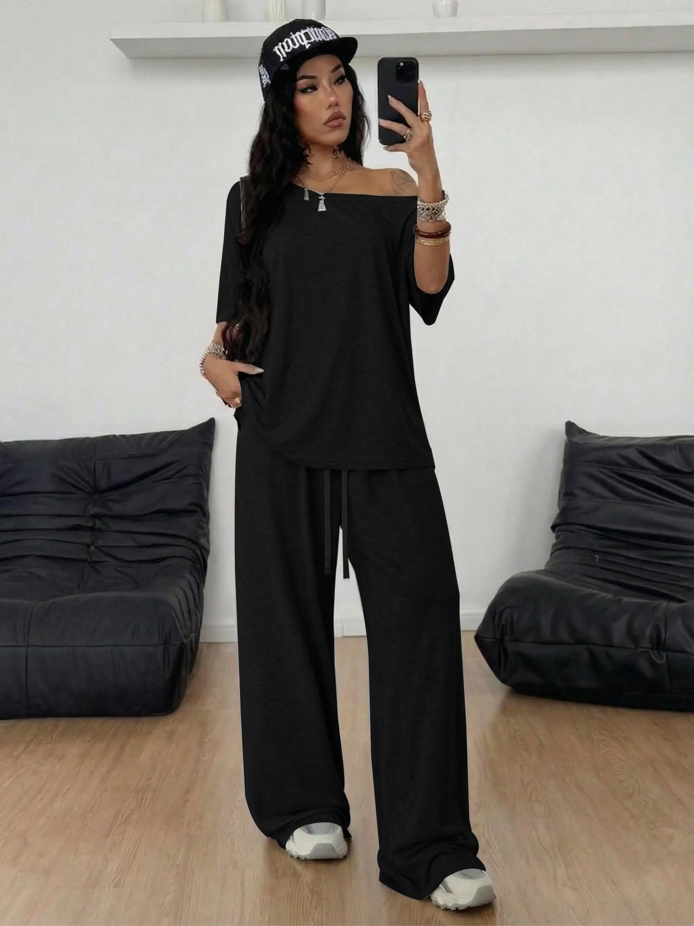 2026 French Minimal Off-The-Shoulder Loungewear Top, Summer Loose Short Sleeve, Drawstring Adjustable High Waist Wide Leg Pants, Figure-Flattering Casual, Casual Loungewear Sets