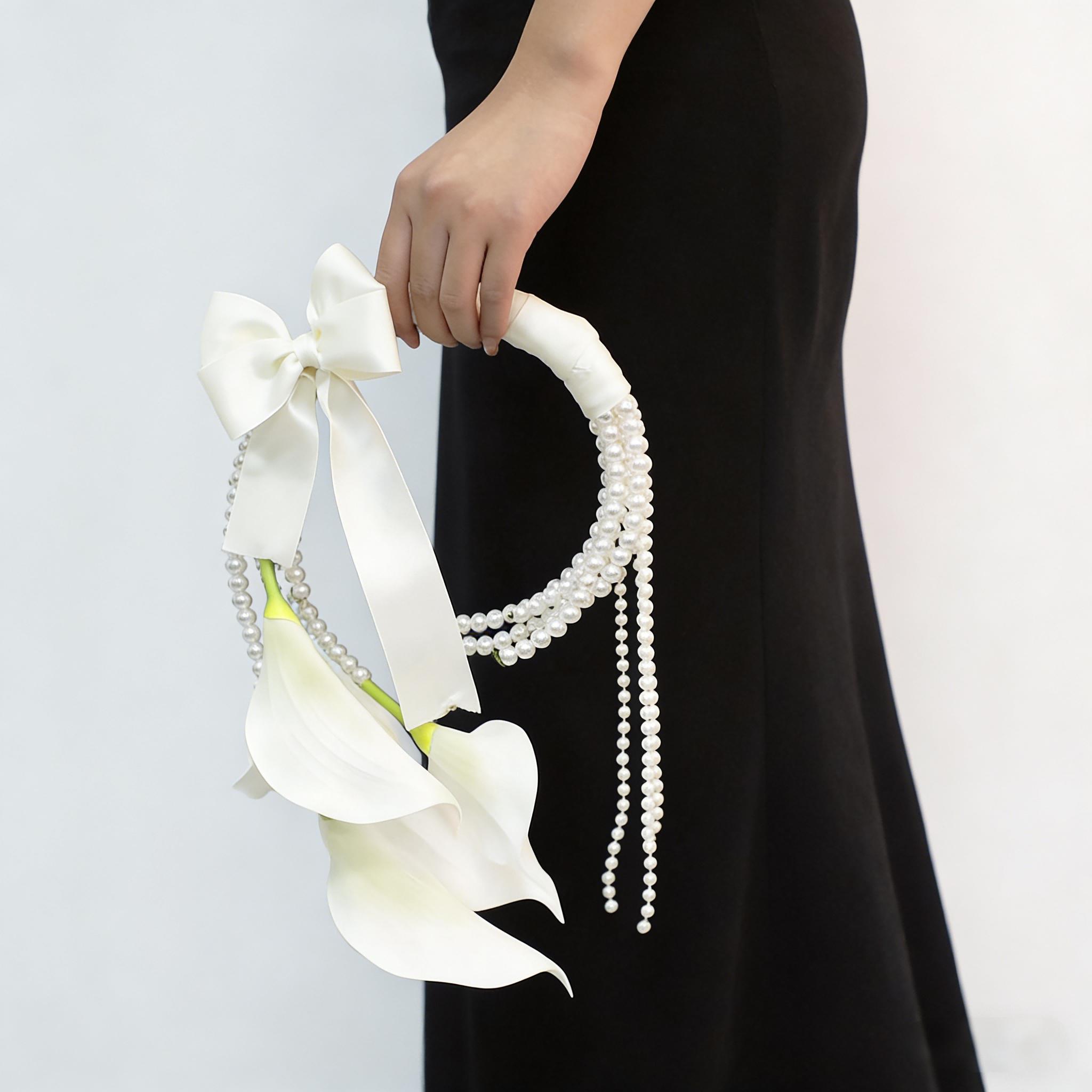 Lily and Pearl Bride Wrist Corsage, 37cm Artificial Flower Handheld Ring, Wedding Ceremony Engagement Party Decoration