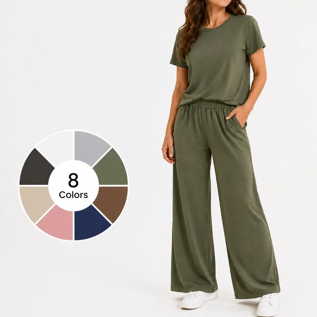 Women Casual 2‑Piece Loungewear Set, Round Neck Curved Hem Short Sleeve T‑Shirt + High Waist Pleated Wide Leg Pants with Side Pockets, Stretchy Knit Outfit, Multi‑Color