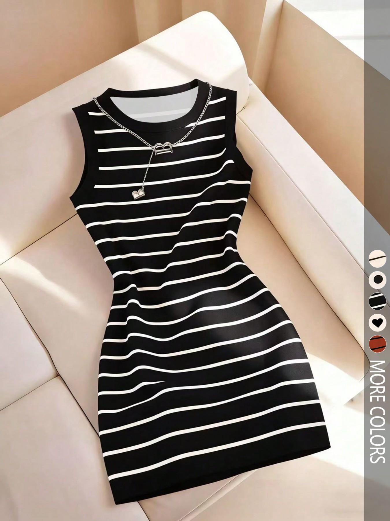 Women's Sleeveless Fitted Bodycon Round Neck Dress with Striped Print, Spring/Summer, Elegance