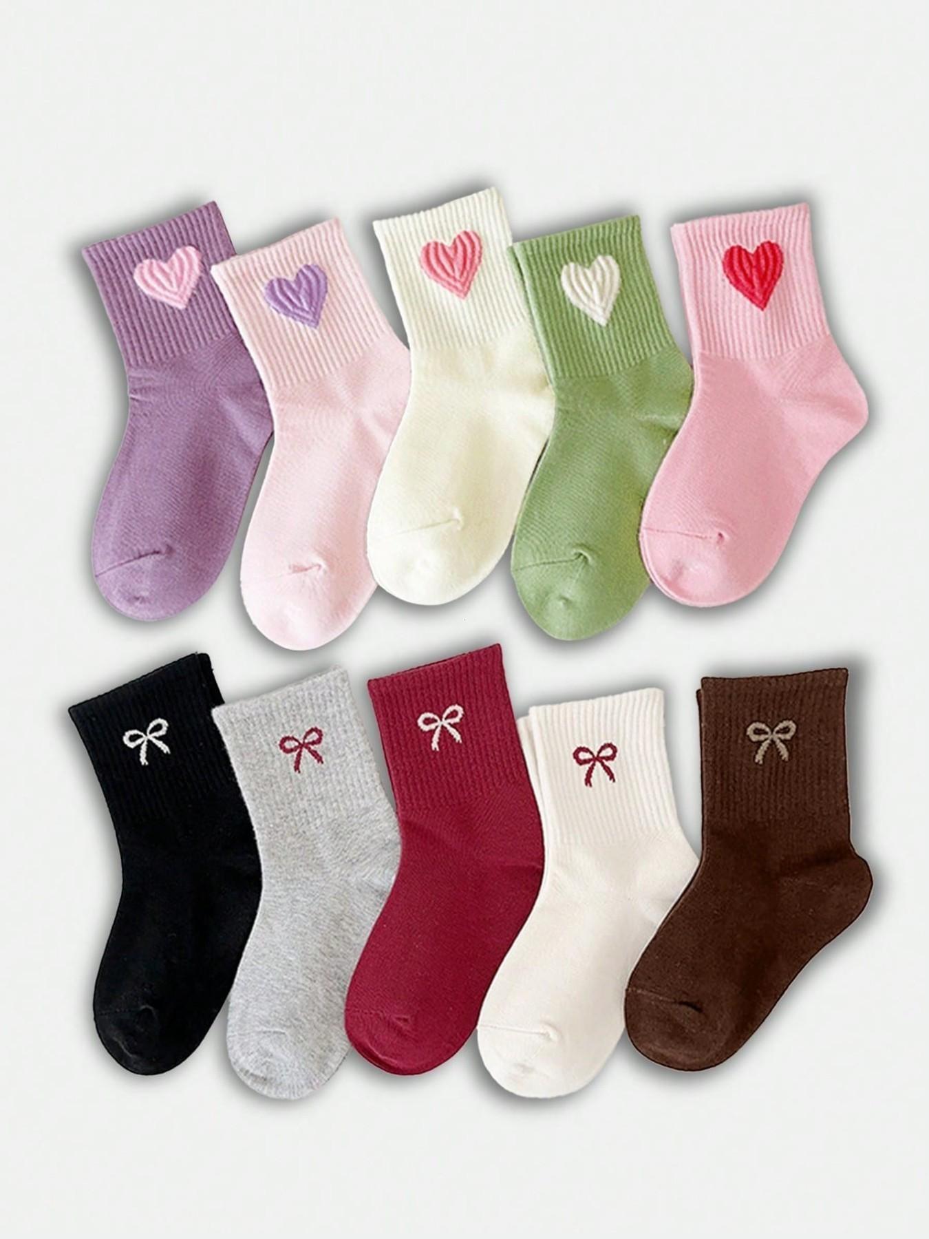 10 Pairs Girls' Crew Socks, Heart/bow Pattern, Casual Fitted Design, Breathable & Comfortable, Spring/fall/winter Wear, Comfy Breathable Socks