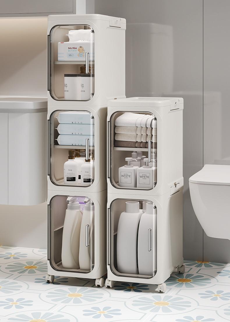 UFORU 4-Tier Tall Narrow Storage Cabinet, Plastic Slim Storage Organizer with Doors and Adjustable Shelves, Wheels, Stackable & Collapsible Storage Cabinet for Small Spaces, Bathroom, Kitchen Cupboard, bathroom organizer