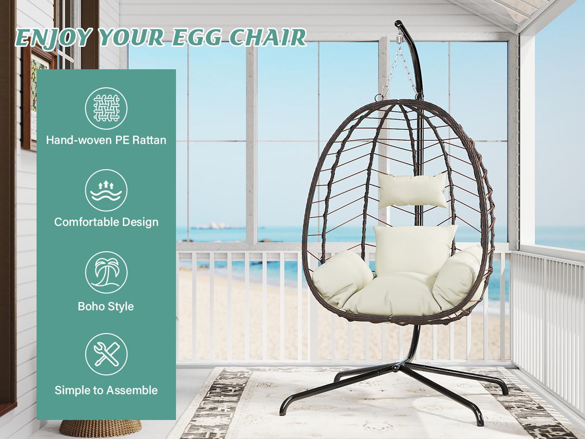 Hanging Egg Chair with Stand – Handwoven Rattan Patio Swing with Cushion, 350lb Capacity – Indoor/Outdoor Chic for Patio, Garden & Poolside
