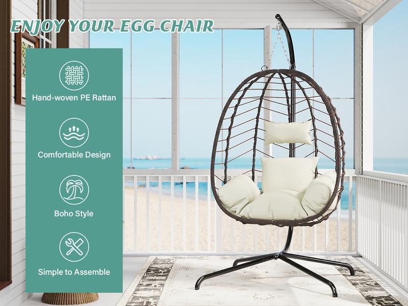 Hanging Egg Chair with Stand – Handwoven Rattan Patio Swing with Cushion, 350lb Capacity – Indoor/Outdoor Chic for Patio, Garden & Poolside Hanging Egg Chair with Stand – Handwoven Rattan Patio Swing with Cushion, 350lb Capacity – Indoor/Outdoor Chic for Patio, Garden & Poolside