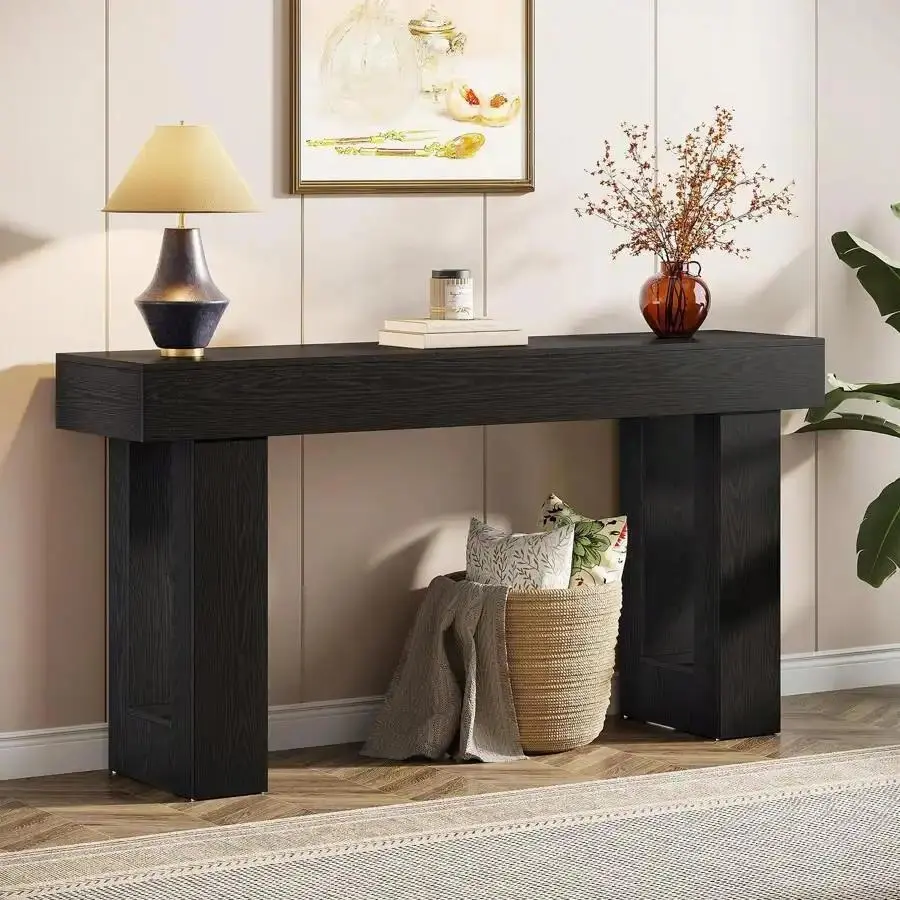63-Inch Farmhouse Console Table - Black Mirrored with Inlay Marble, Mobile Wheels, Narrow Entryway Table, Multi-Functional Indoor Furniture for Living Room