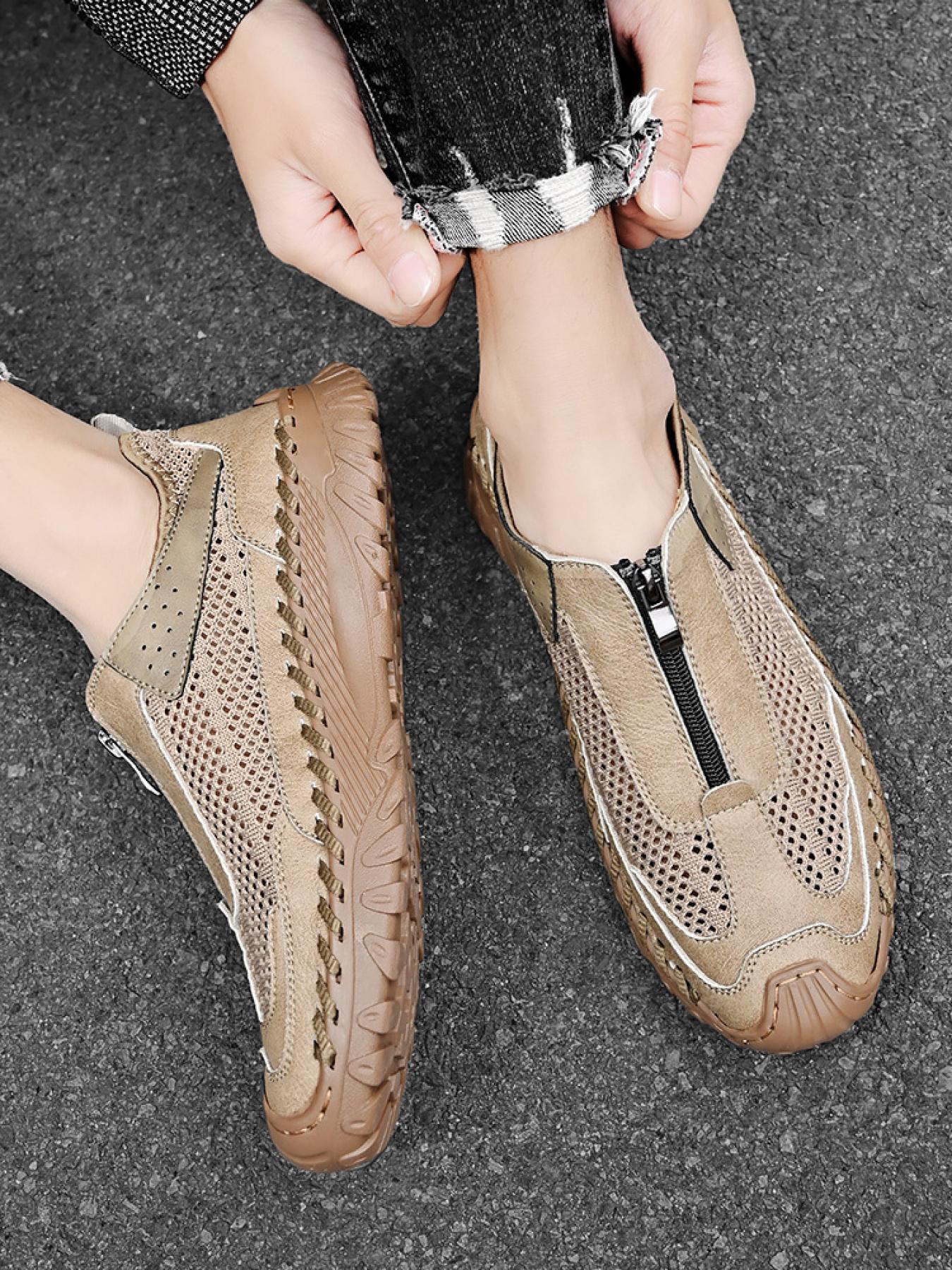 Men's Solid Color Mesh Zipper Toe Casual Shoes, Soft Sole, Non-Slip, Hand-Stitched, Breathable Slip-On Lazy Dad Shoes