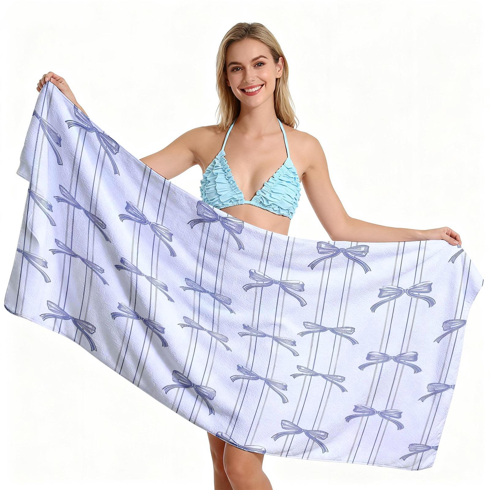 Ballet Core Bow Beach Towel, Cute Soft Skin-friendly Quick Dry, Available in Black White Blue Pink, Ideal for Girls Seaside Vacation Photoshoot