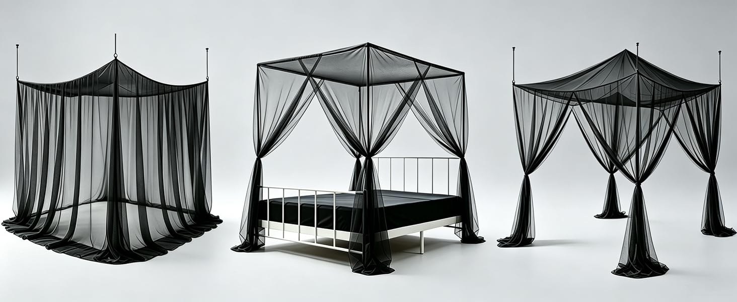 Classic Black Grid Pattern Bed Mosquito Net Curtains with 66ft LED Star String Lights for Starry Night Bedroom Use, 86.6"W x 79"L x 102"H 4-Opening Insect Shield, Fits King/Queen/Full Beds, King Size Fit