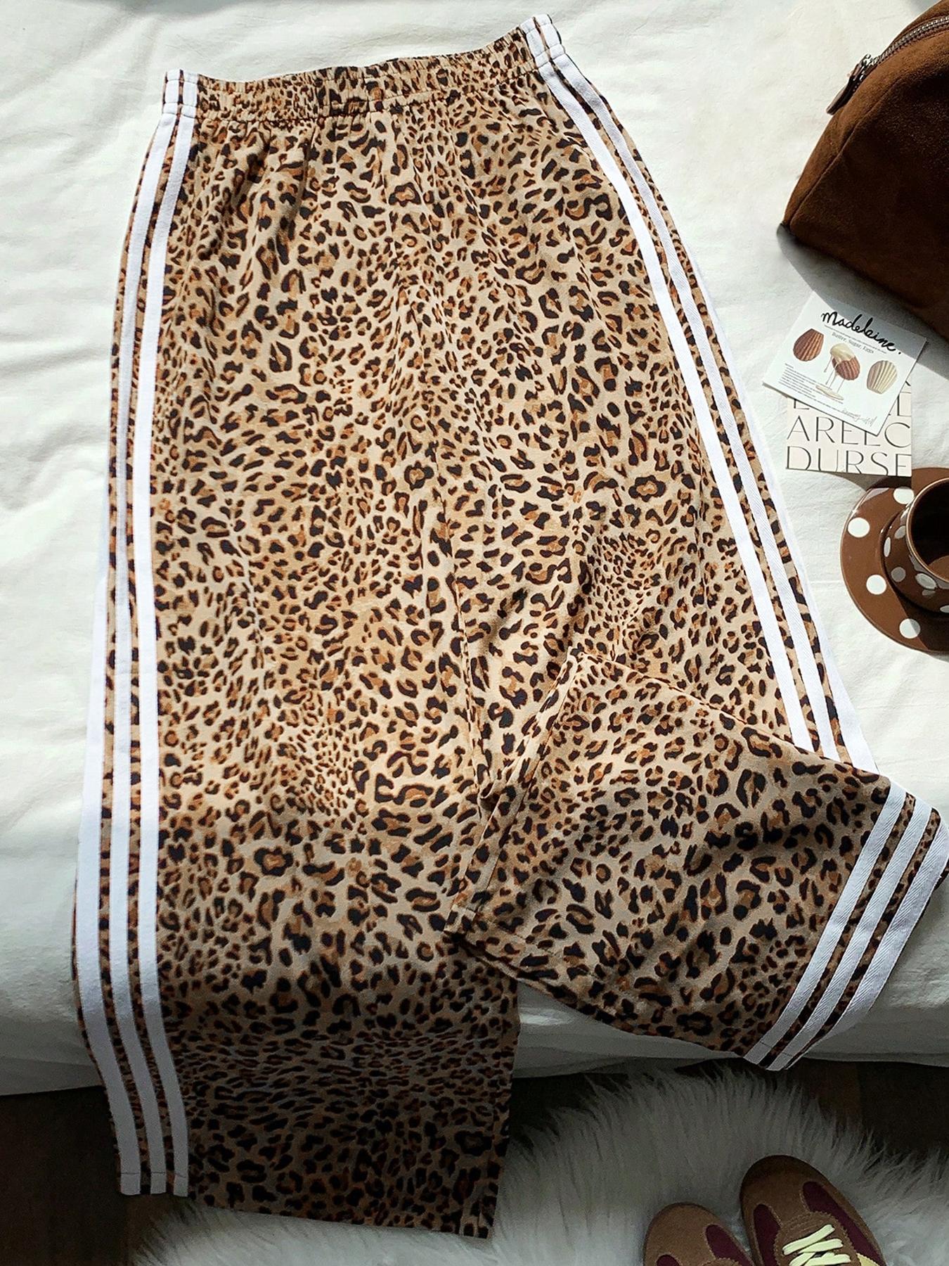 1 Piece Leopard Print Side Stripe Wide Leg Pants, Spring Summer Fall All-Season Wear, Elastic High Waist Loose Fit Trousers for Women, Y2K Streetwear, Casual Comfy Baggy Pants for Daily/Street Style, Casual Palazzo Pants, Casual Fashion Pants