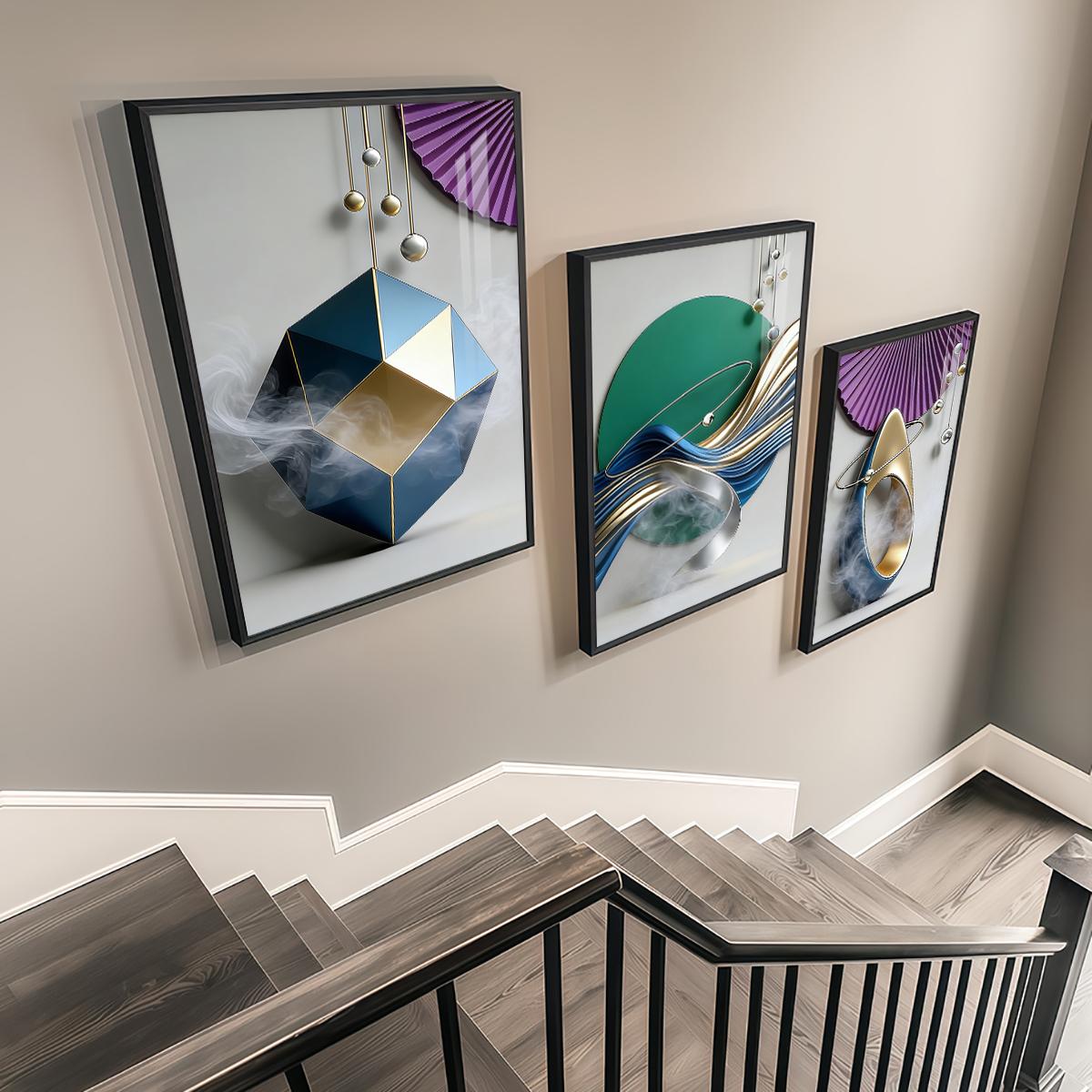 3 Counts Aluminum Alloy Framed Painting, Geometric Abstract Metallic Shapes And Smoke Art Pictures, Home Decoration For Living Room, Bedroom, Office, Restaurant, Hallway Wall Decor, Odorless Print Artwork, Luxury Perfect Gift For Friends And Family