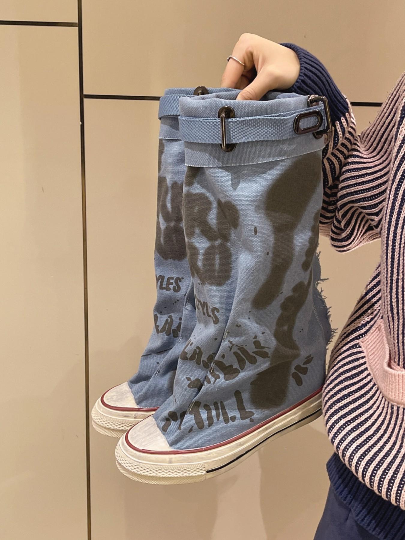 Meadow High Top Sneakers, Letter Graffiti + Buckle Design, Street Style Fullness, Fashionable PU Upper, Rubber Sole, All Seasons