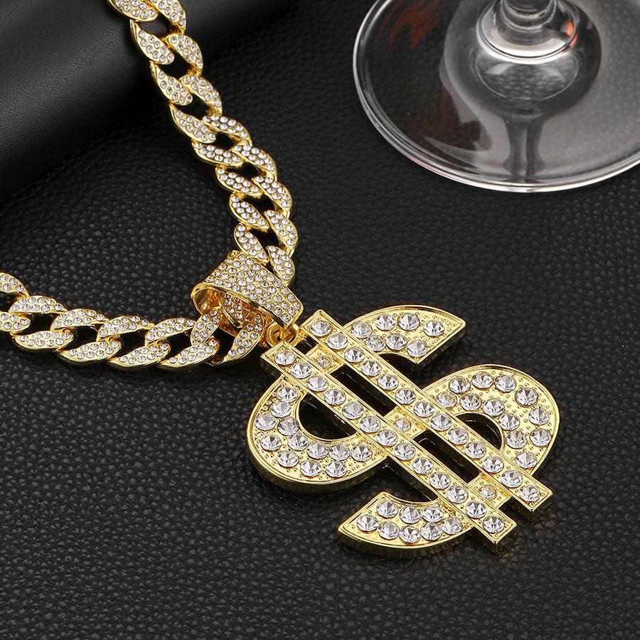 Dollar sign necklace, exaggerated full diamond dollar pendant, unisex personalized trendy hip-hop long necklace