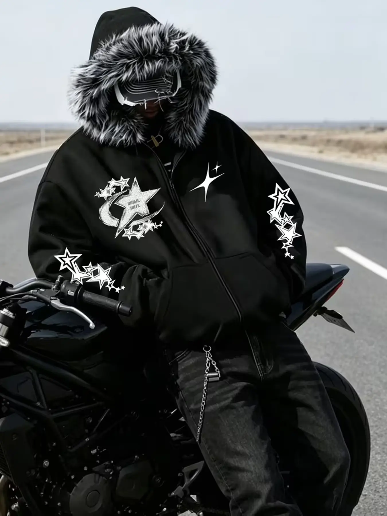 Men's Fall Winter Faux Fur Hooded Jacket, Y2K Star Moon Print, Zipper Kangaroo Pocket Design, Thick Warm Fabric, Streetwear Style