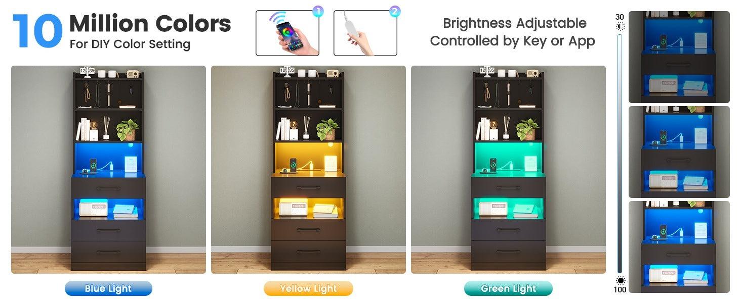 Sikaic LED Tall Nightstand with Charging Station 3 Drawers & Bookshelf Modern Design Home Vanity Desk RGB LED Lights Adjustable Shelves Multi-Color LED Strip 2 AC Outlets 2 USB Ports