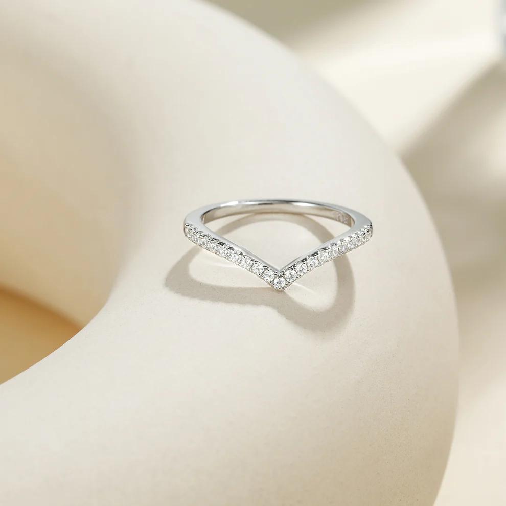 EAMTI 925 Sterling Silver Cubic Zirconia Half Eternity Ring V Shape Stacking Ring Minimalist CZ Statement Band for Women