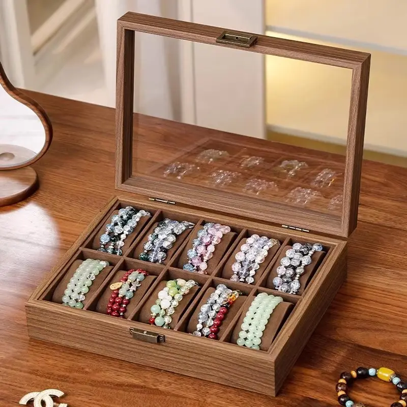 Vintage Wooden Color Bracelet Storage Box, Crystal Bracelet Jewelry Box, Transparent Display Case for Bangle Accessories, Buddha Beads Organizer