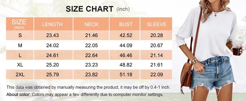 Danedvi Women's 3/4 Sleeve Casual Tops Solid Color Crew Neck Loose Fit Shirts Blouses Shorts Skirts
