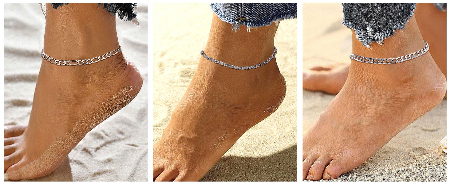 U7 Women Girls Barefoot Jewelry Cuban Chain Anklets Foot Chain Flexible Fit Ankle Bracelet Cuban/Rope/Figaro/Twist Chain Summer Beach Jewelry