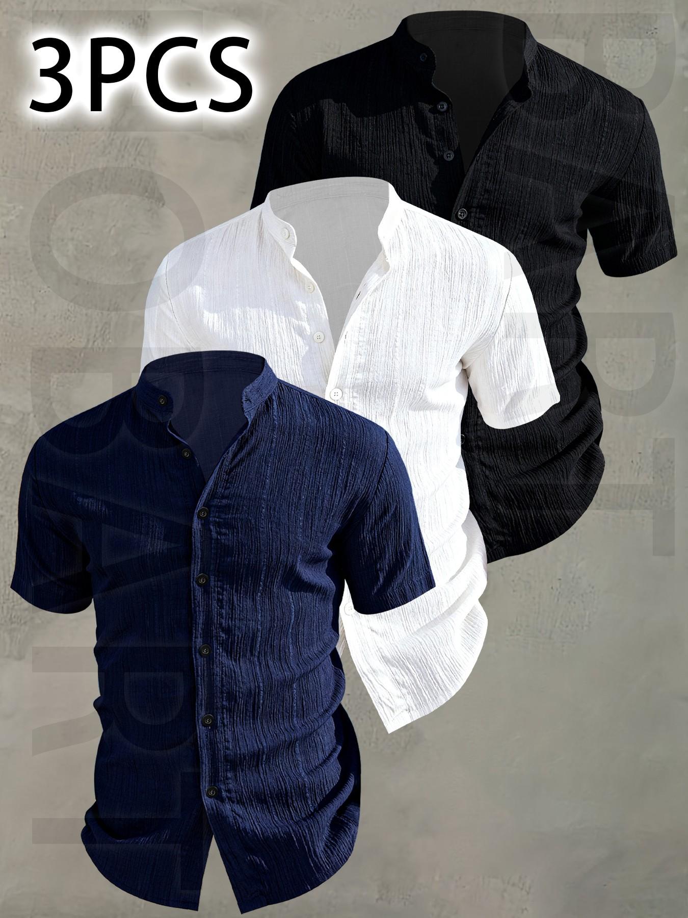 3pcs Men's Summer Short Sleeve Shirt - Lightweight Breathable Solid Color Button-Up Casual Shirt with Stand Collar, Low-cut collar designr Beach Vacation, Pool Party & Casual Attire, Beach Shirt, gift for husband