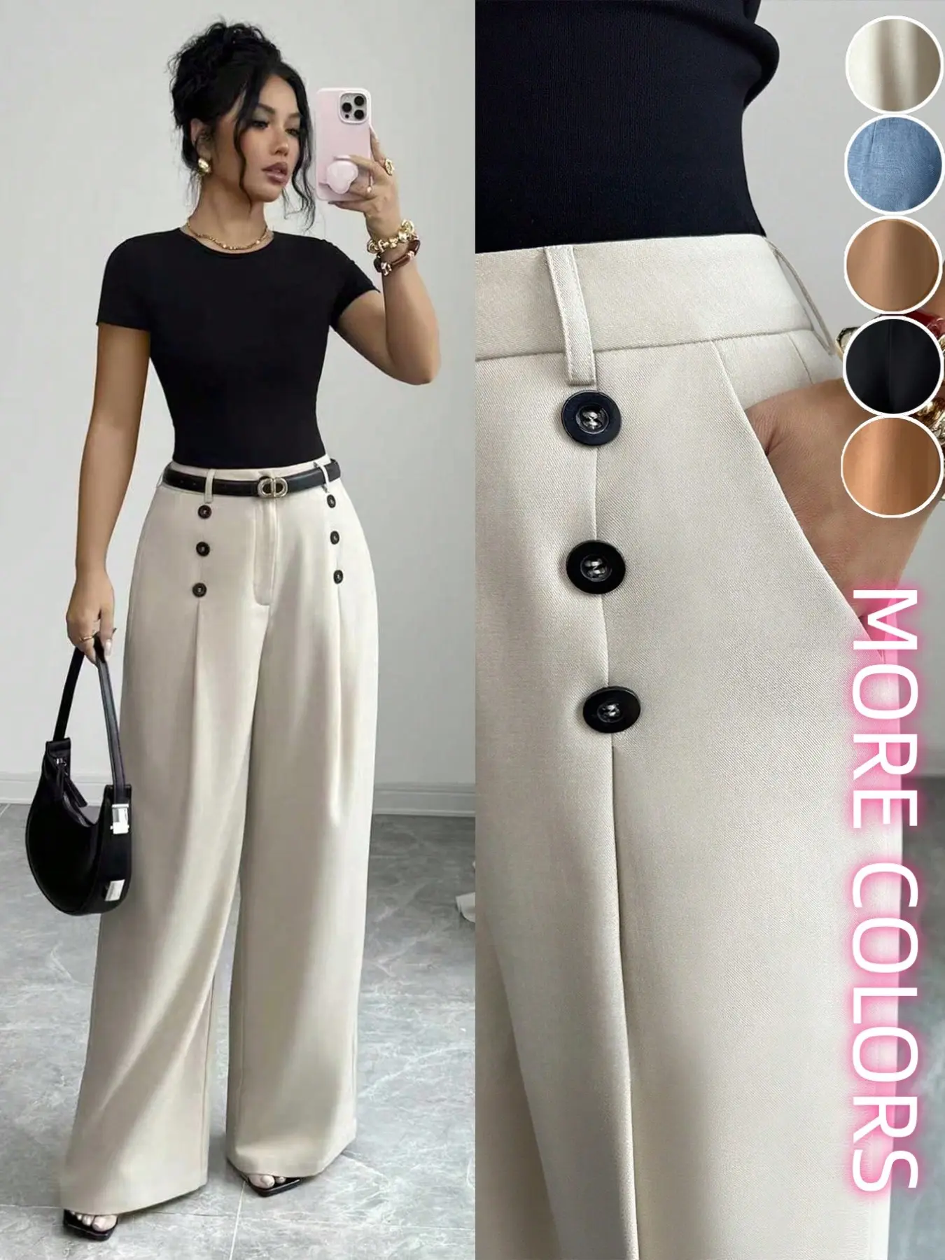 Women's Summer Elegant Office Loose Wide Leg Pants Bottom, Fashion Pleated Straight Leg Pants with Pockets, Modern Workplace Block Design Clothing