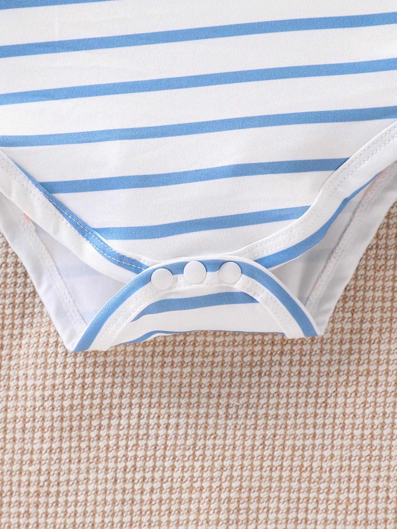 Boys' Cartoon Elephant Two-Piece Set, Striped Short Sleeve Romper + Waffle Bib Pants, Cute Summer for Kids, Comfortable and Stylish