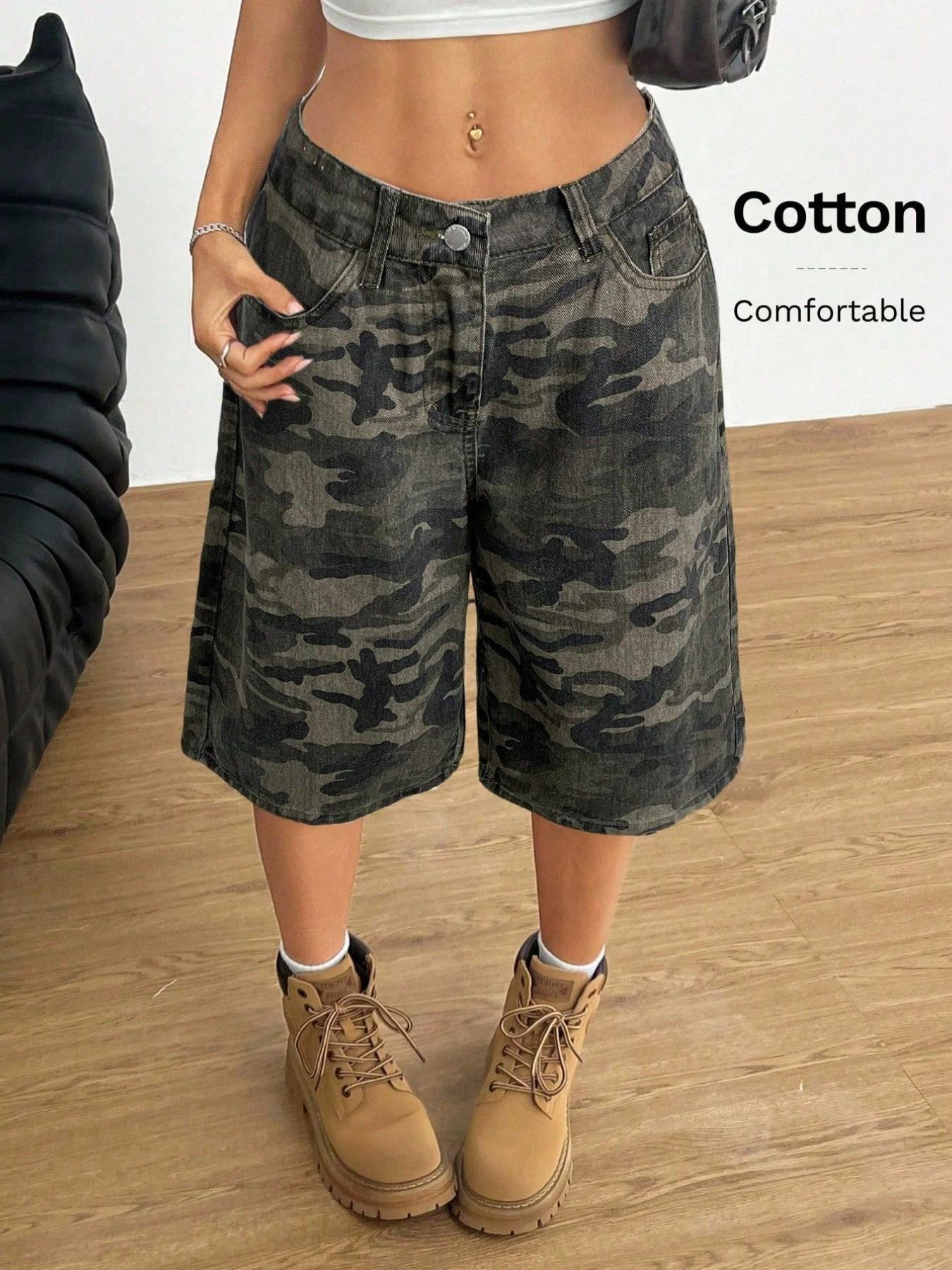 Women's Leopard Print Denim Capri Pants, Casual Wide Leg Loose Fit Shorts, Slant Pocket Design, Fashionable Versatile Summer Wear