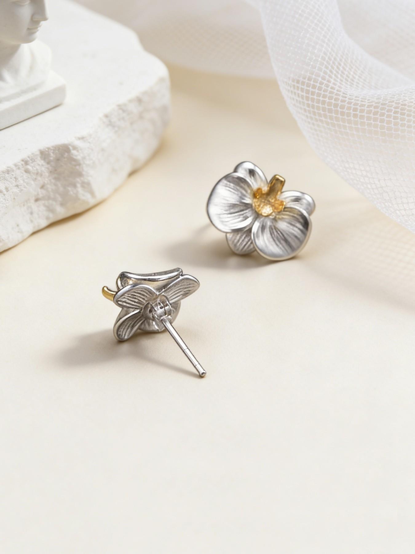 New Traditional Orchid Earrings, Literary Cold Sensation 3D Floral Design, S925 Silver Color Flower Ear Jewelry, Includes Elegant Gift Box