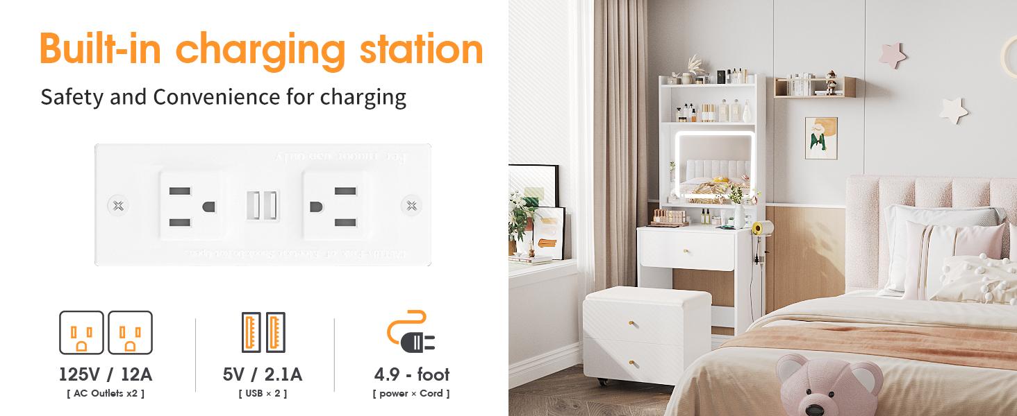 Vabches Make Up Vanity Desk with Mirror and Lights, White/Pink Vanity Table Set with Charger Station,Girls Small Vanity Vabches Make Up Vanity Desk with Mirror and Lights, White/Pink Vanity Table Set with Charger Station,Girls Small Vanity