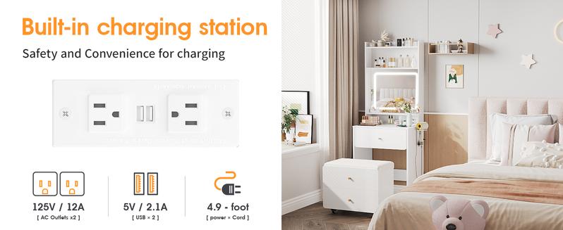 Vabches Make Up Vanity Desk with Mirror and Lights, White/Pink Vanity Table Set with Charger Station,Girls Small Vanity Vabches Make Up Vanity Desk with Mirror and Lights, White/Pink Vanity Table Set with Charger Station,Girls Small Vanity