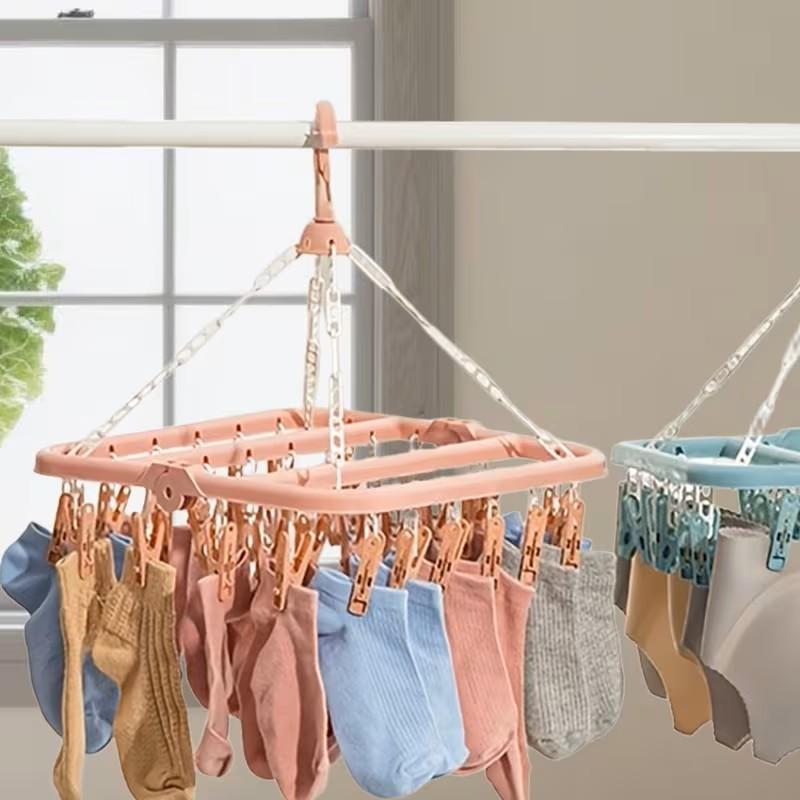 1pc Foldable Plastic Hanger with 32 Clips Multi Functional Windproof Socks Clips and Drying Hanger Clothes Hanger Space Saving Multifunctional Clothes Hanger