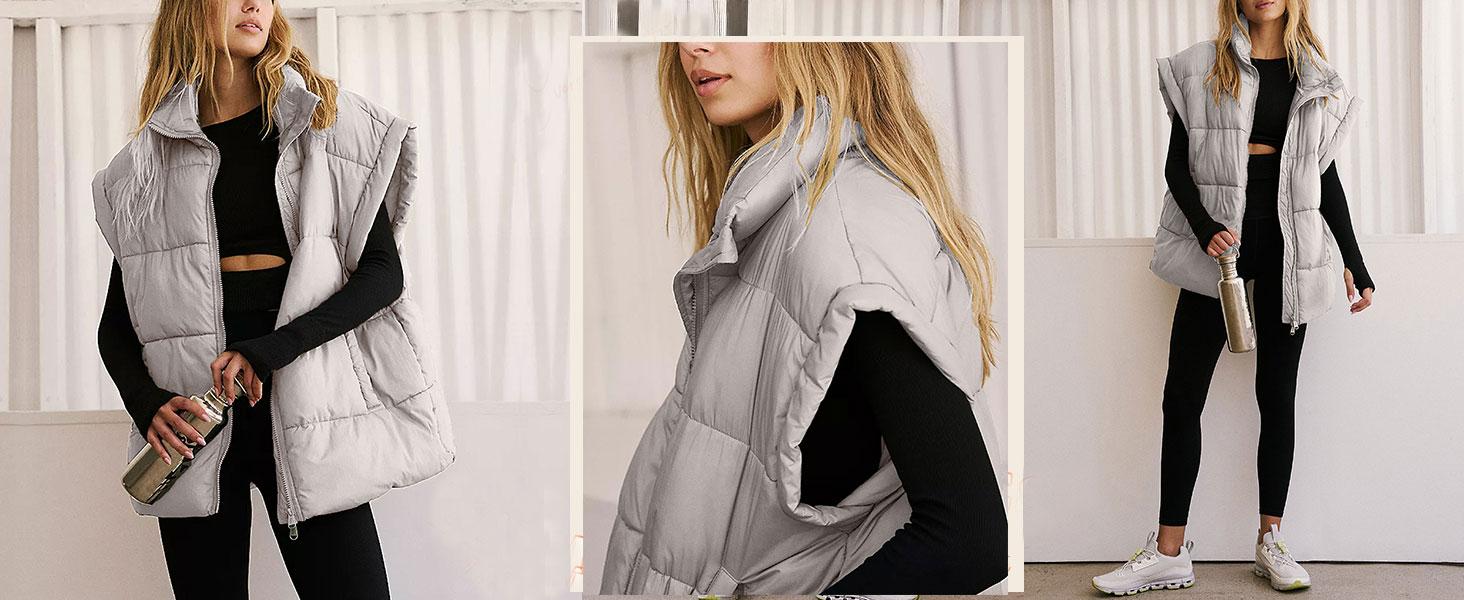 Yeokou Women Winter Oversized Puffer Vest Stand Collar Lightweight Flysleeve Insulated Padded Puffy Jackets Coat with Pockets