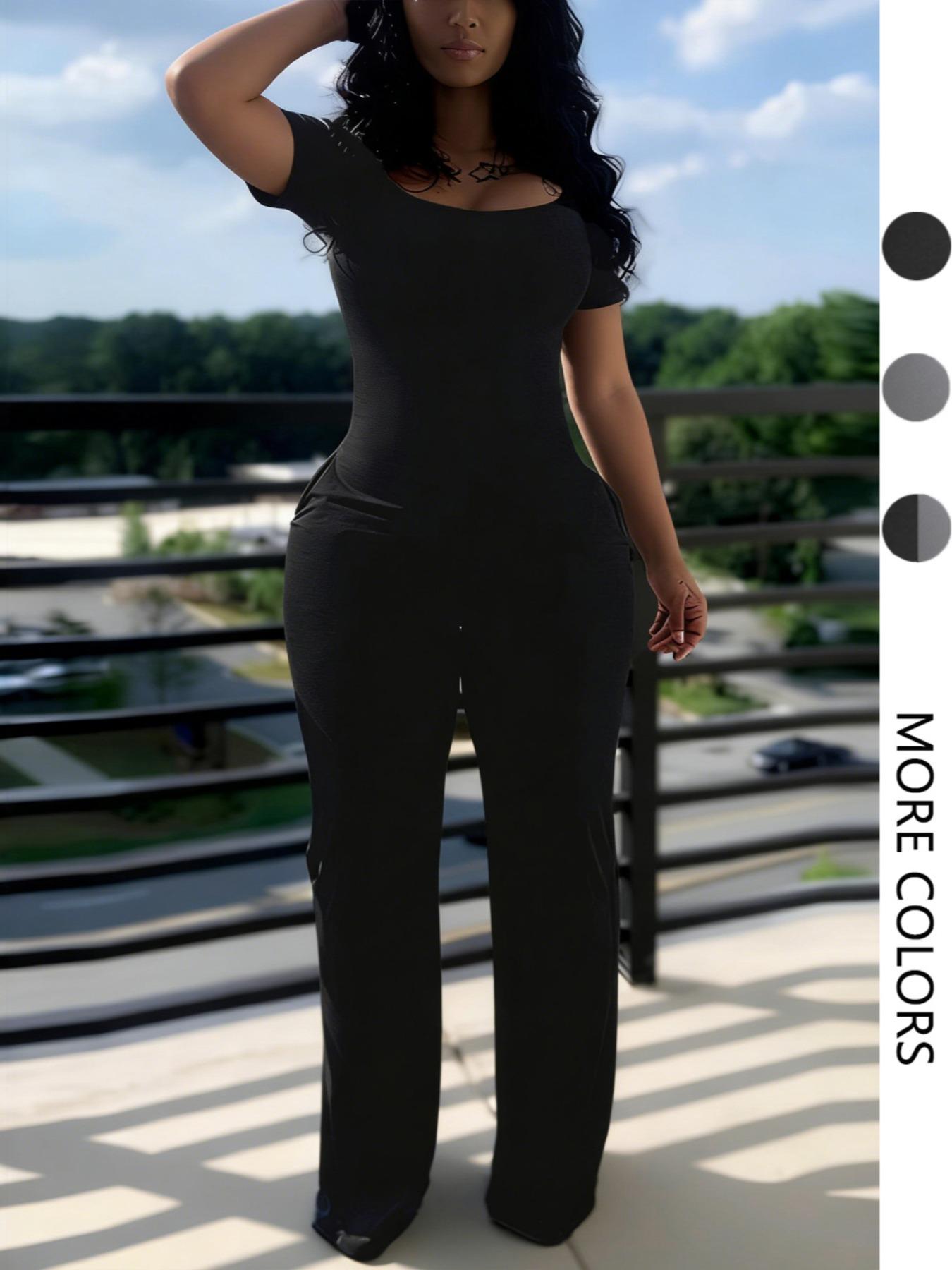 Women's Sexy Fitted Short Sleeve Jumpsuit, Plain Low Neck Pocket Design, All Season Fashion, European & American Style