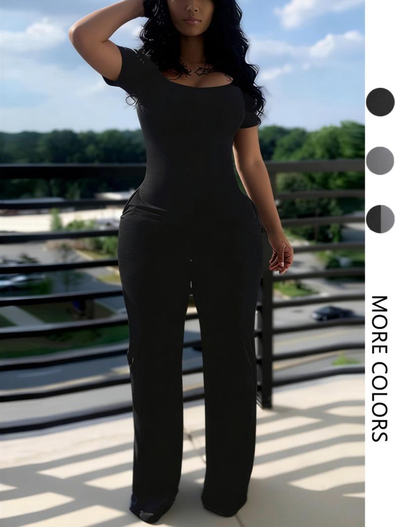 Women's Sexy Fitted Short Sleeve Jumpsuit, Plain Low Neck Pocket Design, All Season Fashion, European & American Style
