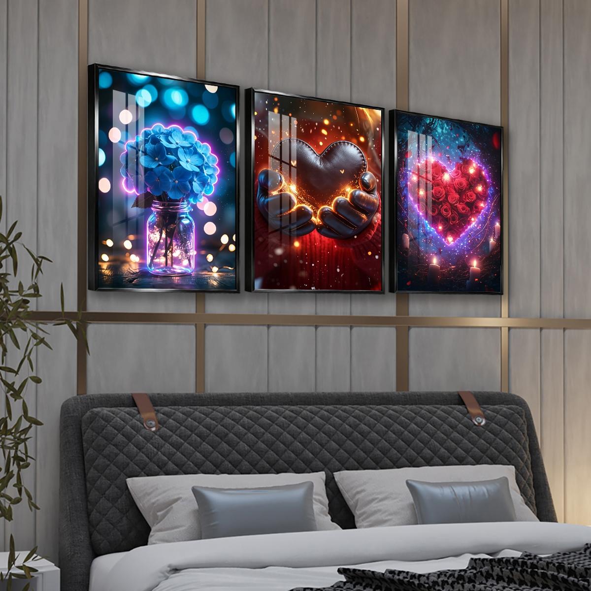 3 Counts Aluminum Alloy Framed Painting, Romantic Roses Hearts And Flowers Pictures, Home Decoration For Living Room, Bedroom, Office, Restaurant, Hallway Wall Decor, Odorless Print Artwork, Luxury Perfect Gift For Friends And Family