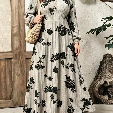 Plus Size Women's Fall Winter Round Neck Floral Dress, Vintage Long Sleeve High Waist A-Line Dress, Casual Office Wear, Business Casual Dresses