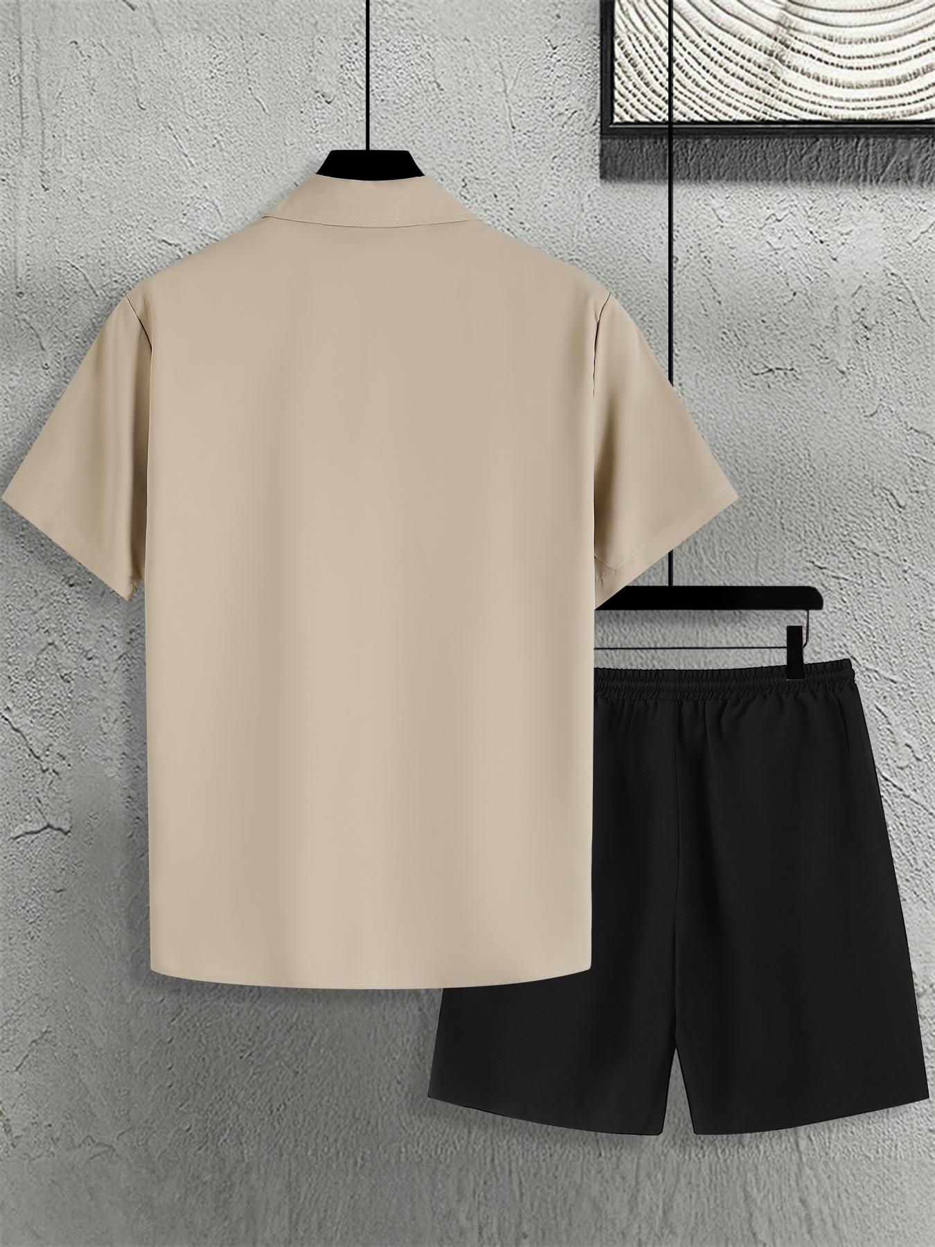 Men's 2-Piece Summer, Tropical Casual Set - Beige Short-Sleeve Button Shirt with Black Palm Tree Print & "Summer" Embroidery + Black Drawstring Waist Shorts, Lightweight Breathable Fabric, Relaxed Fit, Versatile for Beach Vacations, Weekend Wear