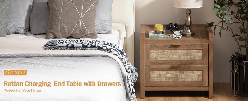 SICOTAS Night Stand Set of 2 - Rattan Nightstands with Type-C Charging Station & Rattan Drawer - 15.4" x 23.6" x 22.1" Boho Bed Side End Table for Small Apartment Living Room Bedroom, Sturdy and Durable SICOTAS Night Stand Set of 2 - Rattan Nightstands with Type-C Charging Station & Rattan Drawer - 15.4" x 23.6" x 22.1" Boho Bed Side End Table for Small Apartment Living Room Bedroom, Sturdy and Durable